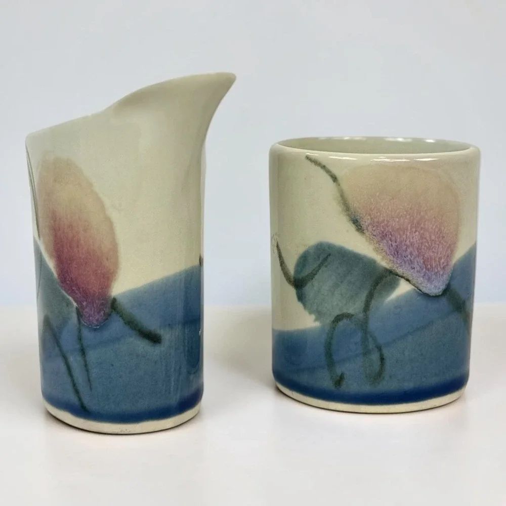 Vintage Jerry Pollari Studio Pottery Creamer Sugar Set Signed Oregon Ceramic